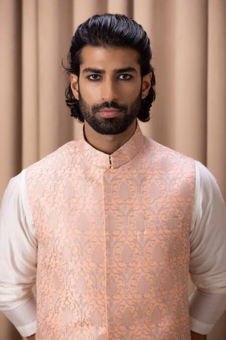 Shop_Ankit V Kapoor_Peach Cotton, Silk Embroidery Nehru Jacket Set _Online_at_Aza_Fashions