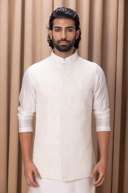 Shop Ankit V Kapoor Ivory Georgette, Twill Embroidery Paisley Nehru Jacket Online at Aza Fashions Shop_Ankit V Kapoor_Ivory Georgette, Twill Embroidery Paisley Nehru Jacket _Online_at_Aza_Fashions