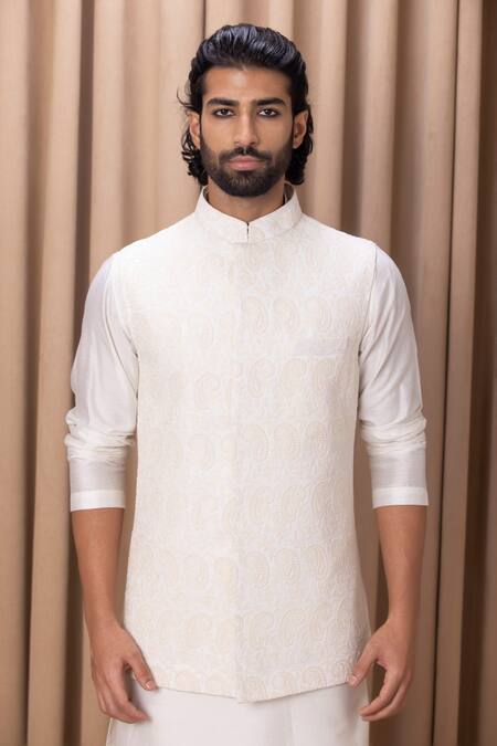 Shop Ankit V Kapoor Ivory Georgette, Cotton, Silk Embroidery Paisley Nehru Jacket Set Online at Aza Fashions Shop_Ankit V Kapoor_Ivory Georgette, Cotton, Silk Embroidery Paisley Nehru Jacket Set _Online_at_Aza_Fashions