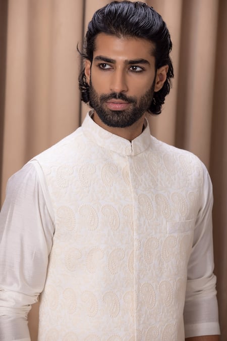 Ankit V Kapoor Ivory Georgette, Twill Embroidery Paisley Nehru Jacket at Aza Fashions Ankit V Kapoor_Ivory Georgette, Twill Embroidery Paisley Nehru Jacket _at_Aza_Fashions