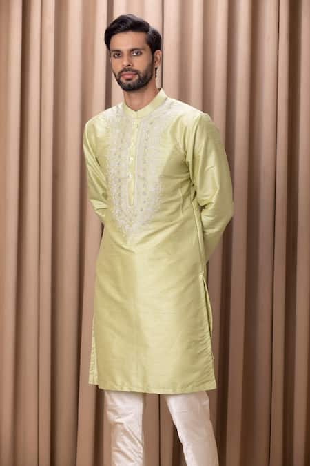 Ankit V Kapoor_Green Cotton, Silk Embroidery Vahid Yoke Kurta Set _Online_at_Aza_Fashions