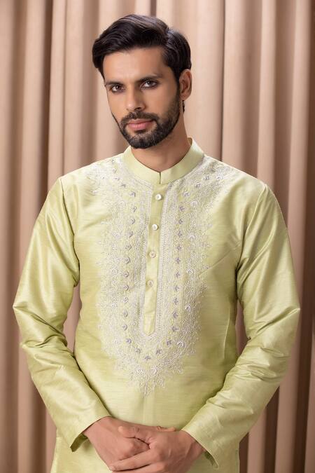 Buy_Ankit V Kapoor_Green Cotton, Silk Embroidery Vahid Yoke Kurta Set _Online_at_Aza_Fashions