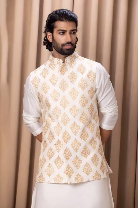 Ankit V Kapoor_Ivory Cotton, Silk Embroidery Floral Nehru Jacket _Online_at_Aza_Fashions