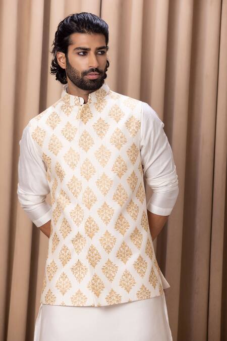 Buy_Ankit V Kapoor_Ivory Cotton, Silk Embroidery Floral Nehru Jacket Set _Online_at_Aza_Fashions