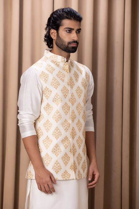 Shop_Ankit V Kapoor_Ivory Cotton, Silk Embroidery Floral Nehru Jacket Set _Online_at_Aza_Fashions