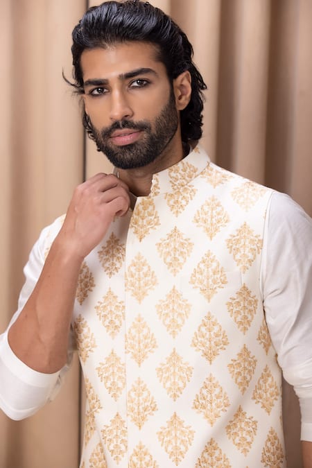 Shop_Ankit V Kapoor_Ivory Cotton, Silk Embroidery Floral Nehru Jacket _Online_at_Aza_Fashions