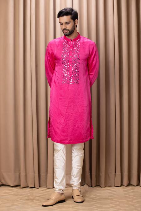 Ankit V Kapoor_Pink Cotton, Silk Mirrors Kian Yoke Embroidered Kurta Set_Online_at_Aza_Fashions