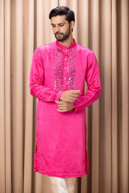 Buy_Ankit V Kapoor_Pink Cotton, Silk Mirrors Kian Yoke Embroidered Kurta Set_Online_at_Aza_Fashions