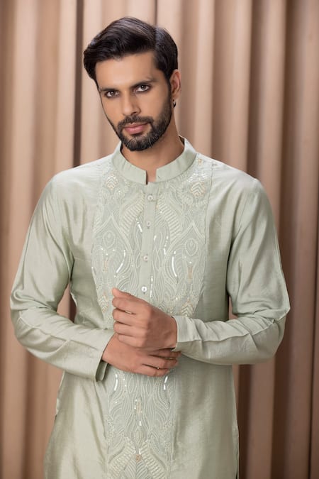 Shop Ankit V Kapoor Green Cotton, Silk Embroidery Javed Kurta Set Online at Aza Fashions Shop_Ankit V Kapoor_Green Cotton, Silk Embroidery Javed Kurta Set _Online_at_Aza_Fashions
