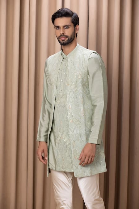 Shop Ankit V Kapoor Green Cotton, Silk, Georgette Embroidery, Mirrors Mint Thread Bundi Kurta Set Online at Aza Fashions Shop_Ankit V Kapoor_Green Cotton, Silk, Georgette Embroidery, Mirrors Mint Thread Bundi Kurta Set _Online_at_Aza_Fashions