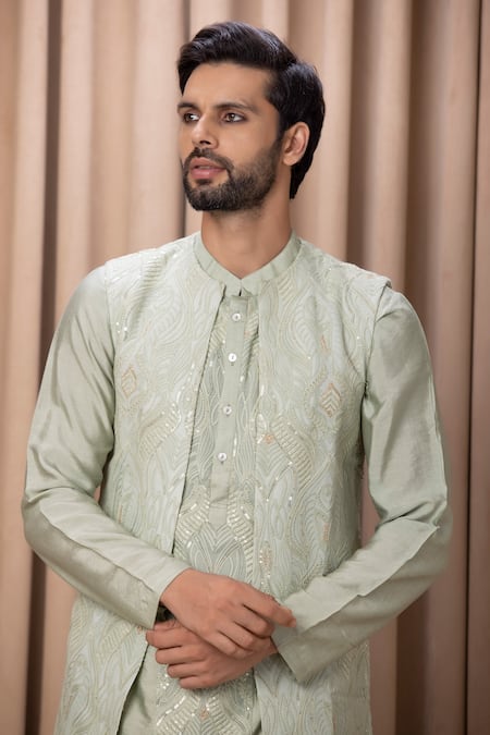 Ankit V Kapoor Green Cotton, Silk, Georgette Embroidery, Mirrors Mint Thread Bundi Kurta Set at Aza Fashions Ankit V Kapoor_Green Cotton, Silk, Georgette Embroidery, Mirrors Mint Thread Bundi Kurta Set _at_Aza_Fashions