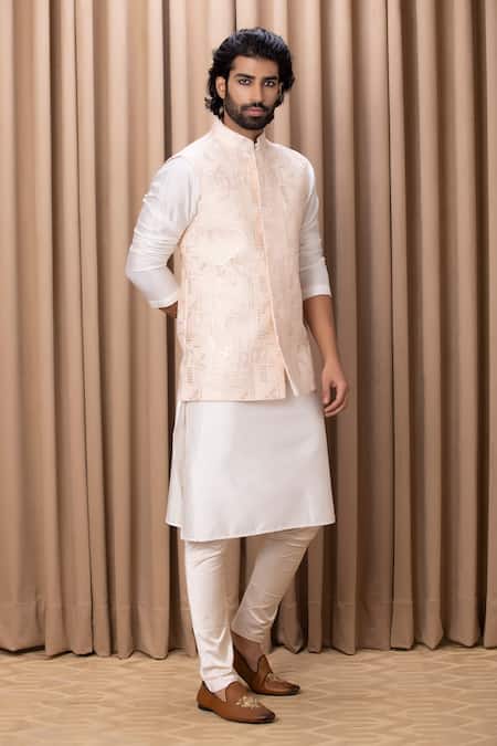 Ankit V Kapoor_Pink Cotton, Silk, Twill Embroidery, Sequins Thread Nehru Jacket _Online_at_Aza_Fashions