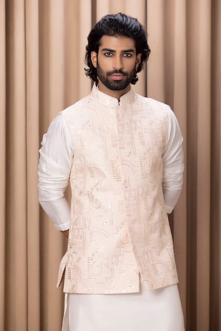 Shop Ankit V Kapoor Pink Cotton, Silk Embroidery, Sequins Bundi And Kurta Set Online at Aza Fashions Shop_Ankit V Kapoor_Pink Cotton, Silk Embroidery, Sequins Bundi And Kurta Set _Online_at_Aza_Fashions