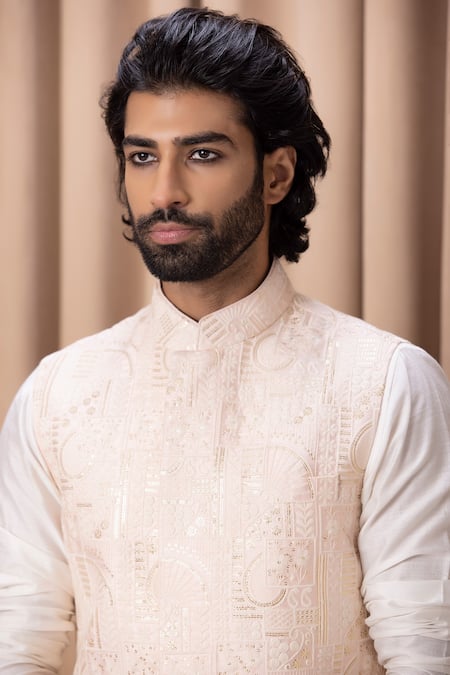 Ankit V Kapoor Pink Cotton, Silk Embroidery, Sequins Bundi And Kurta Set at Aza Fashions Ankit V Kapoor_Pink Cotton, Silk Embroidery, Sequins Bundi And Kurta Set _at_Aza_Fashions