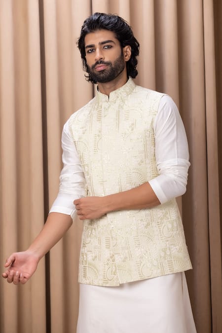 Shop Ankit V Kapoor Green Cotton, Silk Sequins Mint Bundi Kurta Set Online at Aza Fashions Shop_Ankit V Kapoor_Green Cotton, Silk Sequins Mint Bundi Kurta Set _Online_at_Aza_Fashions