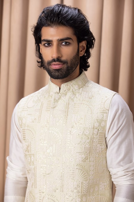 Ankit V Kapoor Green Cotton, Silk Sequins Mint Bundi Kurta Set at Aza Fashions Ankit V Kapoor_Green Cotton, Silk Sequins Mint Bundi Kurta Set _at_Aza_Fashions