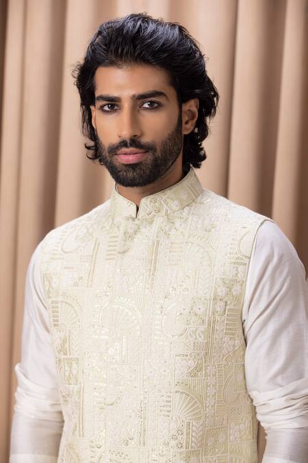 Shop_Ankit V Kapoor_Green Cotton, Silk Sequins, Embroidery Mint Nehru Jacket _Online_at_Aza_Fashions