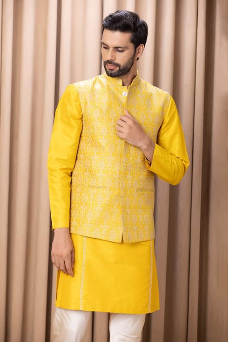 Buy_Ankit V Kapoor_Yellow Cotton, Silk, Twill Embroidery Nehru Jacket _Online_at_Aza_Fashions
