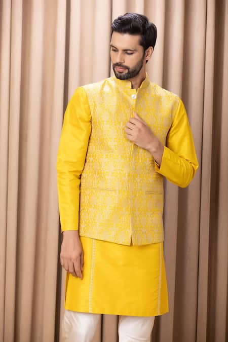 Shop_Ankit V Kapoor_Yellow Cotton, Silk Embroidery Floral Mustard Bundi And Kurta Set _Online_at_Aza_Fashions