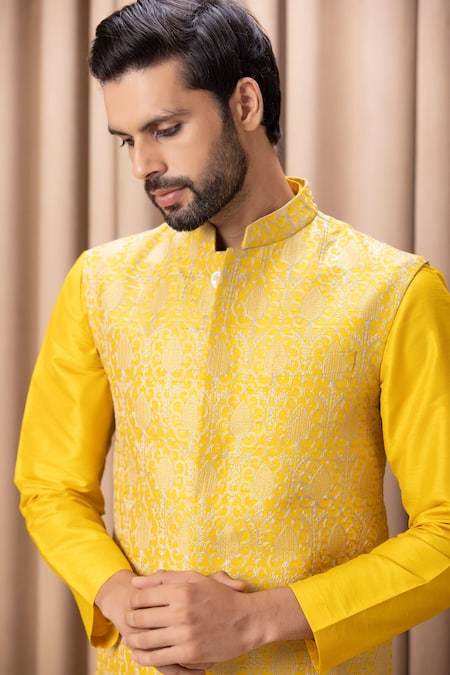 Ankit V Kapoor_Yellow Cotton, Silk Embroidery Floral Mustard Bundi And Kurta Set _at_Aza_Fashions
