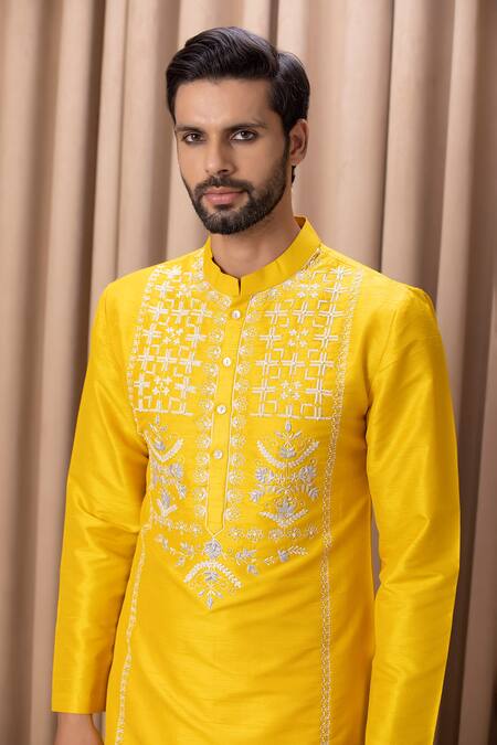 Ankit V Kapoor_Yellow Cotton And Silk Embroidered Ghazi Kurta Set _Online_at_Aza_Fashions