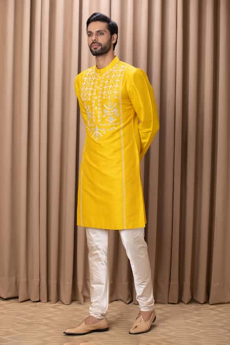Buy_Ankit V Kapoor_Yellow Cotton And Silk Embroidered Ghazi Kurta Set _Online_at_Aza_Fashions
