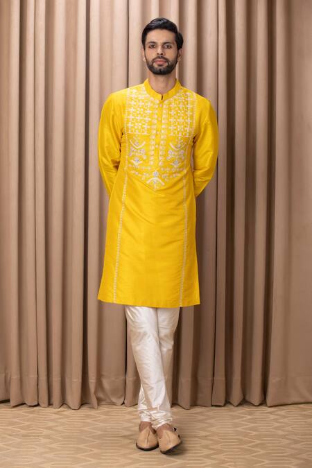 Shop_Ankit V Kapoor_Yellow Cotton And Silk Embroidered Ghazi Kurta Set _Online_at_Aza_Fashions
