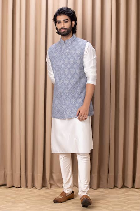 Ankit V Kapoor_Gray Georgette, Twill Sequins, Embroidery Grey Thread And Nehru Jacket _Online_at_Aza_Fashions