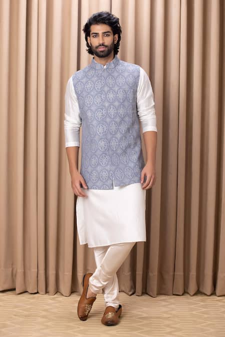 Buy_Ankit V Kapoor_Gray Cotton, Silk, Georgette Embroidery Grey Floral Bundi And Kurta Set _Online_at_Aza_Fashions