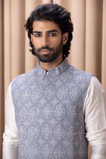 Shop_Ankit V Kapoor_Gray Georgette, Twill Sequins, Embroidery Grey Thread And Nehru Jacket _Online_at_Aza_Fashions