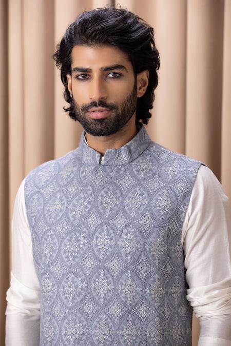 Ankit V Kapoor_Gray Cotton, Silk, Georgette Embroidery Grey Floral Bundi And Kurta Set _at_Aza_Fashions