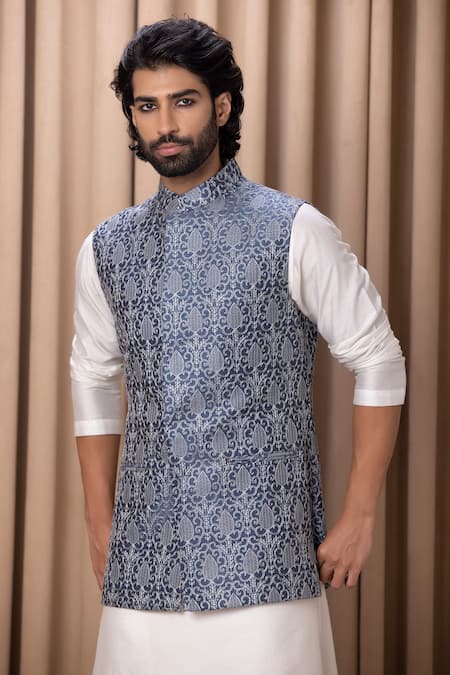 Ankit V Kapoor_Blue Cotton, Silk, Twill Embroidery Slate Nehru Jacket _Online_at_Aza_Fashions