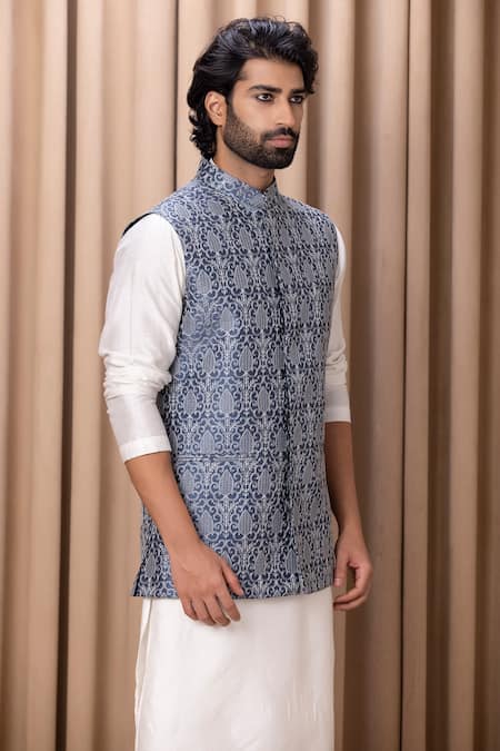 Buy_Ankit V Kapoor_Blue Cotton, Silk, Twill Embroidery Slate Nehru Jacket _Online_at_Aza_Fashions