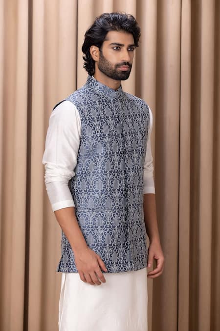 Shop_Ankit V Kapoor_Blue Cotton, Silk, Twill, Georgette Embroidery Slate Bundi And Kurta Set _Online_at_Aza_Fashions