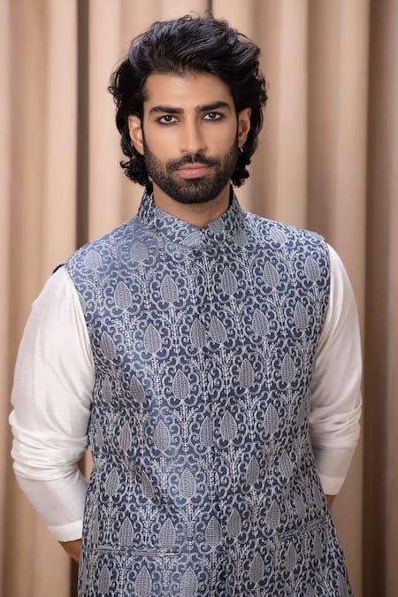 Shop_Ankit V Kapoor_Blue Cotton, Silk, Twill Embroidery Slate Nehru Jacket _Online_at_Aza_Fashions