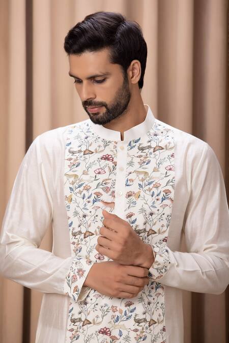 Shop Ankit V Kapoor Ivory Cotton, Silk Embroidery Amaani Botanical Print Straight Kurta Set Online at Aza Fashions Shop_Ankit V Kapoor_Ivory Cotton, Silk Embroidery Amaani Botanical Print Straight Kurta Set _Online_at_Aza_Fashions