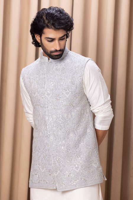 Shop_Ankit V Kapoor_Gray Cotton, Silk, Georgette Sequins, Embroidery Floral Bundi Set _Online_at_Aza_Fashions
