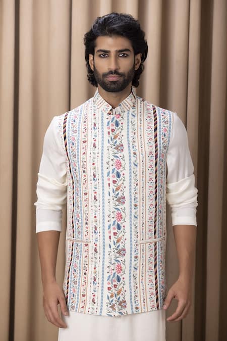 Ankit V Kapoor_Off White Cotton, Silk Embroidery Floral Digital Print Bundi And Kurta Set _Online_at_Aza_Fashions