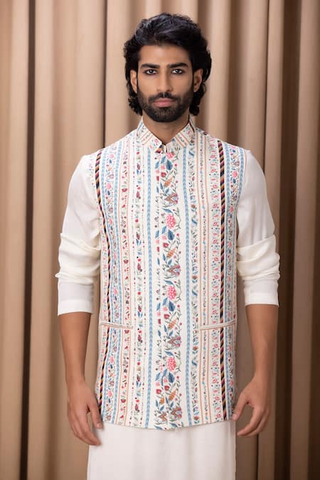 Ankit V Kapoor_Off White Cotton, Silk, Twill Embroidery Floral Digital Print Nehru Jacket _Online_at_Aza_Fashions