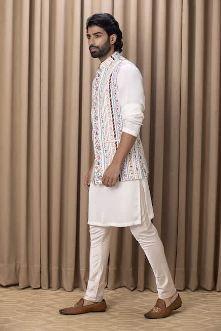 Buy_Ankit V Kapoor_Off White Cotton, Silk Embroidery Floral Digital Print Bundi And Kurta Set _Online_at_Aza_Fashions