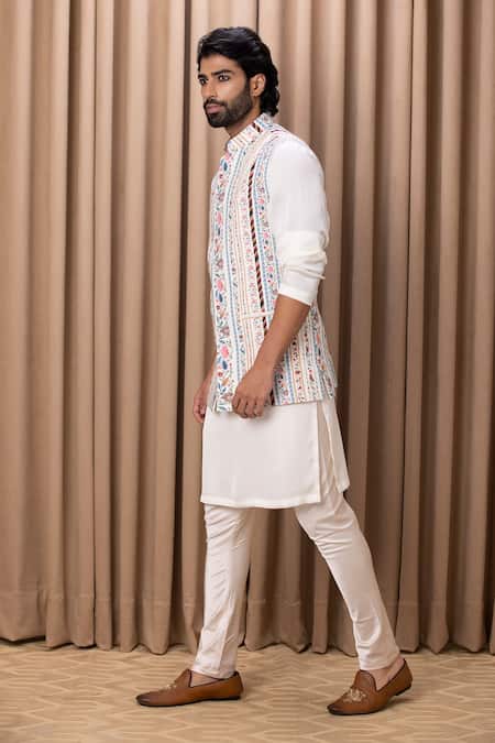 Buy_Ankit V Kapoor_Off White Cotton, Silk, Twill Embroidery Floral Digital Print Nehru Jacket _Online_at_Aza_Fashions