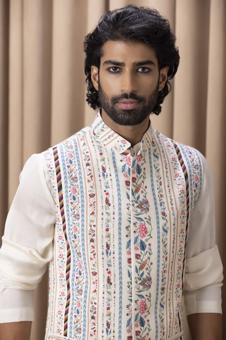 Shop_Ankit V Kapoor_Off White Cotton, Silk Embroidery Floral Digital Print Bundi And Kurta Set _Online_at_Aza_Fashions