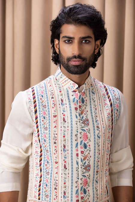Shop_Ankit V Kapoor_Off White Cotton, Silk, Twill Embroidery Floral Digital Print Nehru Jacket _Online_at_Aza_Fashions