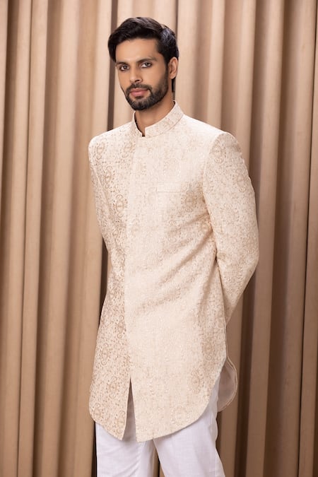 Ankit V Kapoor Beige Georgette, Cotton Embroidery Ameera Bandhgala Jacket And Trouser Set Online at Aza Fashions Ankit V Kapoor_Beige Georgette, Cotton Embroidery Ameera Bandhgala Jacket And Trouser Set _Online_at_Aza_Fashions