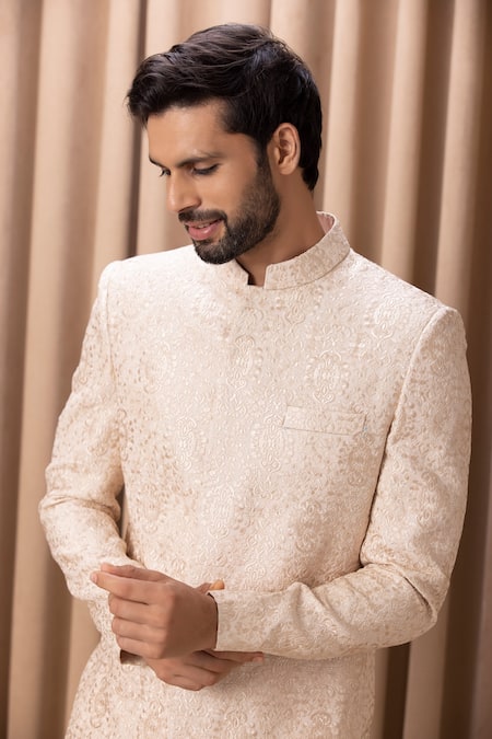 Buy Ankit V Kapoor Beige Georgette, Cotton Embroidery Ameera Bandhgala Jacket And Trouser Set Online at Aza Fashions Buy_Ankit V Kapoor_Beige Georgette, Cotton Embroidery Ameera Bandhgala Jacket And Trouser Set _Online_at_Aza_Fashions