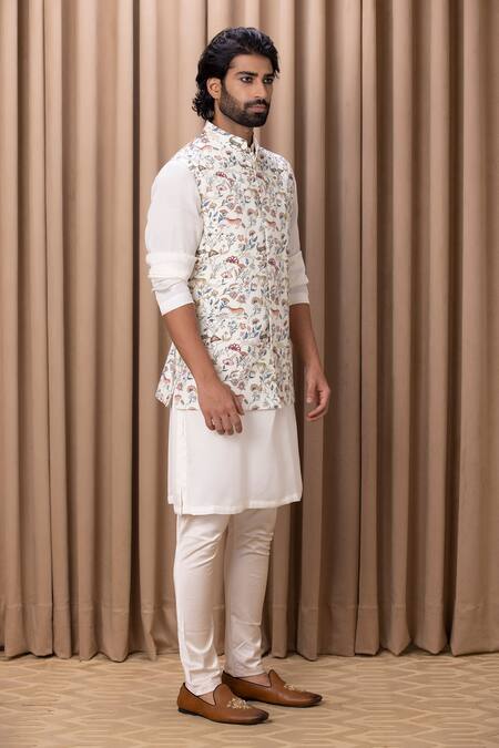 Shop_Ankit V Kapoor_Off White Cotton, Silk Embroidery Floral Digital Print Nehru Jacket _Online_at_Aza_Fashions