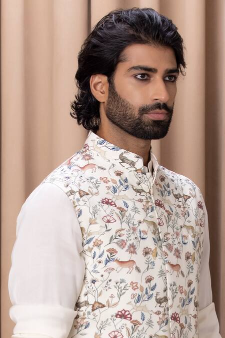 Buy_Ankit V Kapoor_Off White Cotton, Silk Embroidery Floral Digital Print Nehru Jacket _Online_at_Aza_Fashions
