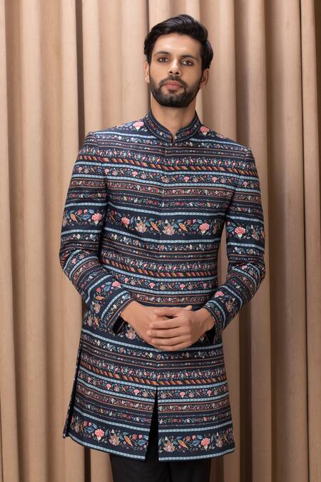 Ankit V Kapoor Blue Cotton, Silk Lakeer Printed Bandhgala Jacket And Trouser Set Online at Aza Fashions Ankit V Kapoor_Blue Cotton, Silk Lakeer Printed Bandhgala Jacket And Trouser Set _Online_at_Aza_Fashions