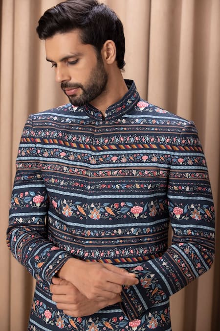 Buy Ankit V Kapoor Blue Cotton, Silk Lakeer Printed Bandhgala Jacket And Trouser Set Online at Aza Fashions Buy_Ankit V Kapoor_Blue Cotton, Silk Lakeer Printed Bandhgala Jacket And Trouser Set _Online_at_Aza_Fashions