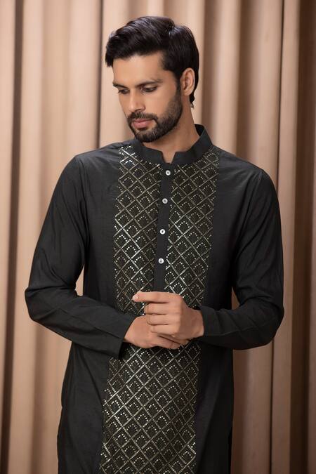 Shop_Ankit V Kapoor_Green Cotton, Silk Sequins Ranjha Embroidered Kurta Set_Online_at_Aza_Fashions